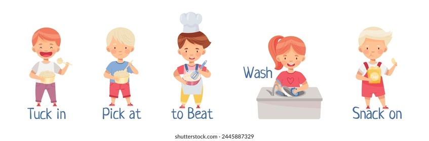 Children Cooking in Kitchen Demonstrate Action Verb Vector Set