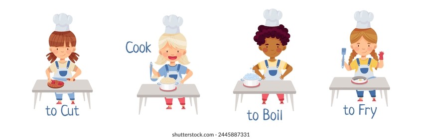 Children Cooking in Kitchen Demonstrate Action Verb Vector Set