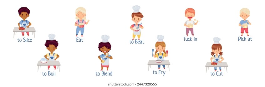 Children Cooking in Kitchen Demonstrate Action Verb Vector Set