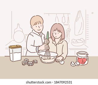 Children cooking in the kitchen. Hand drawn style vector design illustrations.