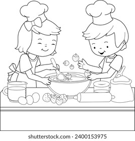 Children cooking in the kitchen at home. Kids with cooking hats baking a cake. Vector black and white coloring page.