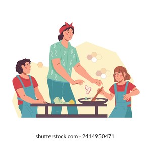 Children cooking with mother. Cooking with mom a way to bond with children and teach them culinary skills, flat  vector illustration isolated on white background. Happy family bonding activity.