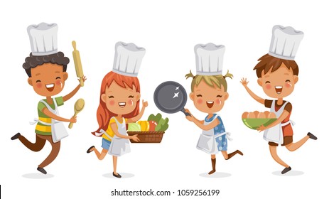 子どもたちが料理を作る 男の子も女の子も一緒に料理の道具を作って楽しそう 食器や野菜 卵を入れる コンセプトは 子ども 時代の瞬間を学び 実践すること ベクターイラスト のベクター画像素材 ロイヤリティフリー