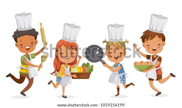 子どもたちが料理を作る 男の子も女の子も一緒に料理 の道具を作って楽しそう 食器や野菜 卵を入れる コンセプトは 子ども時代の瞬間を学び 実践すること ベクターイラスト のベクター画像素材 ロイヤリティフリー