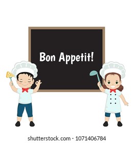 Children in a cook's cap. Boy makes gesture ok. Girl holding ladle. Inscription "Bon Appetit!"