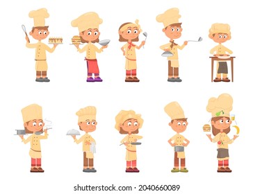 Children cooks. Kids chefs, isolated child cook. Emotional cartoon boys wear professional uniform. Cute fun young waiter decent vector characters