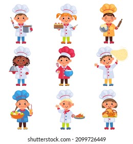 Children Cooks. Little Chefs With Kitchen Tools. Boys And Girls Cooking Food. Cookers Hats And Workwear. Professional Training. Kids Baking Cakes Or Bread. Vector Cuisine