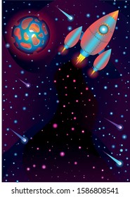 Children cosmic print. Cartoon planets and rocket. Asteroids and stars vector
