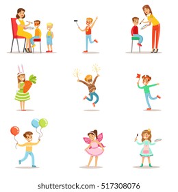 Children In Costume Party Set OF Vector Illustrations With Happy Smiling Kids Having Their Faces Painted And Demonstrating Disguises At Festival Celebration