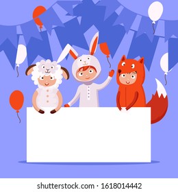 Children in costumes of animals, kids carnival invitation, vector illustration. School performance announcement template, cute kids in fun costume. Children party celebration invitation, greeting card