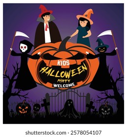 Children in costumes celebrating Halloween with pumpkins, spooky characters, and a graveyard theme, ideal for festive promotions or invitations. Flat vector modern illustration 