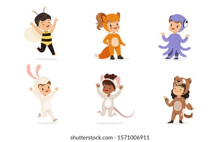 Children in costumes of different animals. Set of vector illustrations.