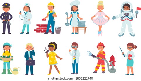 Children in costumes of different professions, isolated on white set of vector illustrations. Doctor, professional worker, fireman police and cook, artist, kids professing work collection.