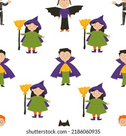 Children in costumes of dracula witch skeleton seamless pattern, Halloween night background. Vector illustration.