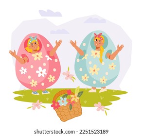 Children in costumes of Easter eggs, flat vector illustration isolated on white background. Children at the Easter party. Design element for spring holiday greeting cards and posters.