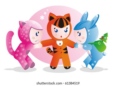 Children in costumes for the eastern calendar years - the tiger, the rabbit and the cat.