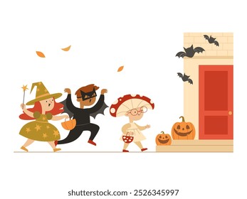 Los niños disfrazados van a pedir dulces para Halloween. Vector linda ilustración.