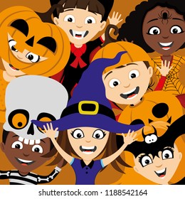 Children in costumes for Halloween on an orange background.