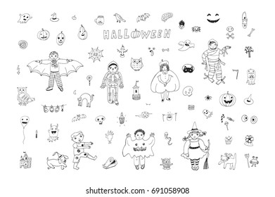 Children in costumes with icons and halloween objects vector doodle cartoon set