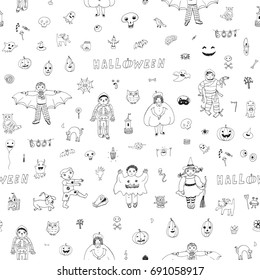 Children in costumes with icons and halloween objects vector doodle cartoon seamless pattern