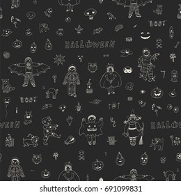 Children in costumes with icons and halloween objects vector doodle cartoon seamless pattern