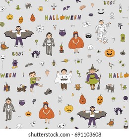 Children in costumes with icons and halloween objects vector doodle cartoon seamless pattern