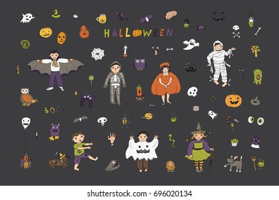 Children in costumes with icons and halloween objects vector doodle cartoon illustrations set