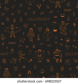 Children in costumes with icons and halloween objects vector doodle cartoon seamless pattern