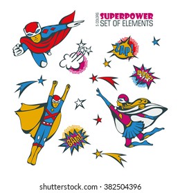 Children in costumes superheroes - vector set of isolated characters, elements, comics speech and explosion bubbles on a white background
