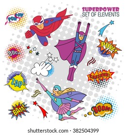 Children in costumes superheroes - vector set of isolated characters, elements, comics speech and explosion bubbles on a white background