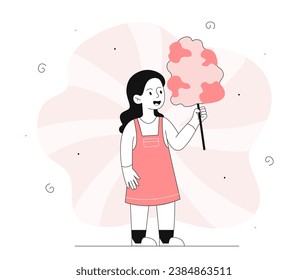 Children with cotton candy concept. Kid with dessert and delicacy. Child with pink sweet and confectionery. Present and gift. Linear flat vector illustration isolated on white background