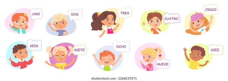 Los niños cuentan en la ilustración vectorial establecida en español. Caricatura aislada niños y niñas lindos saludando con la mano en figuras de diferentes colores, niños preescolares contando y aprendiendo números y cuenta regresiva