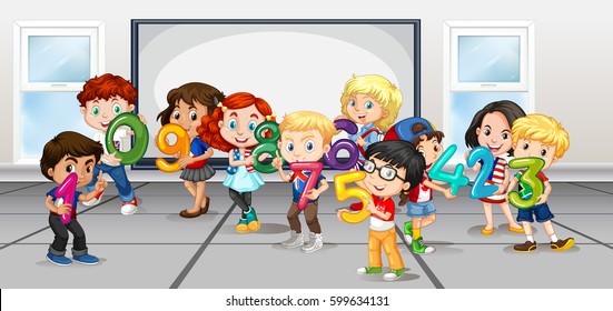 Children counting numbers in room illustration