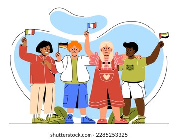 Children with countries flags. Boys from Italy, Germany and UAE, girl from France. International and multicultural schoolchildren or students. Tolerance and respect. Cartoon flat vector illustration