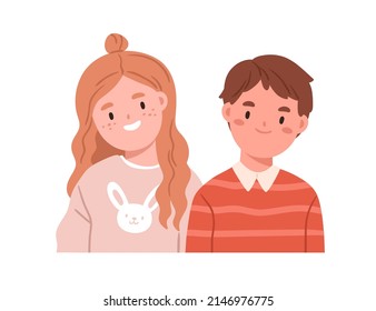 Children couple, face portrait. Happy smiling girl and boy. School kids, sister and brother. Two friendly elementary students, classmates. Flat vector illustration isolated on white background