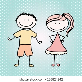 Children couple over dotted background vector illustration