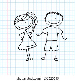 Children couple over paper background vector illustration
