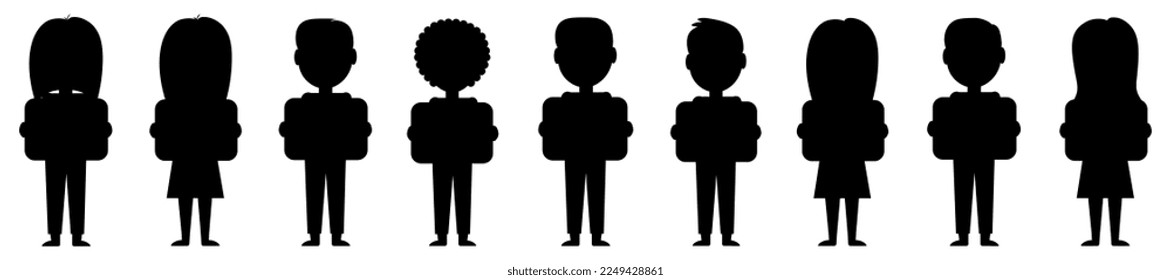 Children, a couple of silhouettes of children in full growth with a sign in their hand. Hairstyles, outlines, contour. Isolated on white background, in profile
