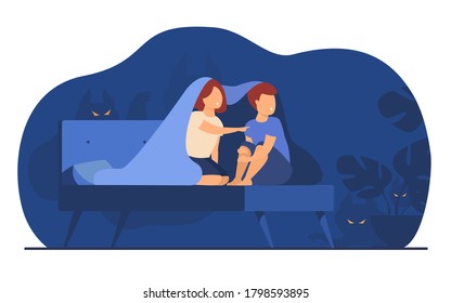 Children covering with blanket on bed isolated flat vector illustration. Cartoon afraid girl and boy watching ghosts and monsters in night room. Childhood fears, fright and nightmare concept