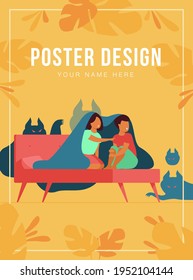 Children covering with blanket on bed isolated flat vector illustration. Cartoon afraid girl and boy watching ghosts and monsters in night room. Childhood fears, fright and nightmare concept