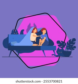 Children covering with blanket on bed isolated flat vector illustration. Cartoon afraid girl and boy watching ghosts and monsters in night room. Childhood fears, fright and nightmare concept