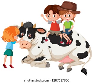 Niños y vacas en ilustración de fondo blanco