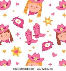 Children cowgirl, cowboy pattern. Cute cowgirl with cowboy hat. Vector illustration template