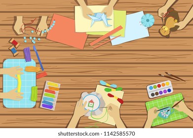 Children Craft And Cooking Class Two Illustrations With Only Hands Visible From Above The Tabl