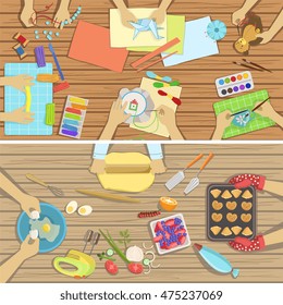Niños Artesanía Y Cocina Ilustraciones De Clase Dos Con Sólo Manos Visibles Desde Arriba De La Tabla