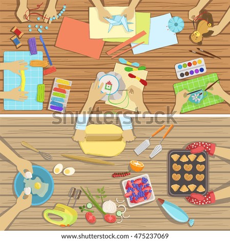 Children Craft And Cooking Class Two Illustrations With Only Hands Visible From Above The Tabl