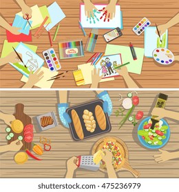 Children Craft And Cooking Lesson Two Illustrations With Only Hands Visible From Above The Table