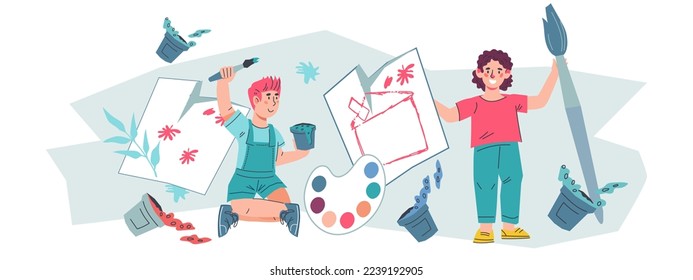 Children crafts and early development education through art. Art therapy classes and creative education, flat vector illustration isolated on white background.