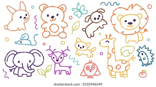 Conjunto de doodle de crayón para niños, ilustración animal en estilo infantil. Dibujos dibujados a mano de los niños del Vector: león, oso, gato, perro, erizo, ratón, ciervo