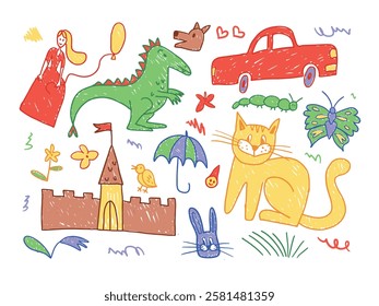 Children crayon pencil draw, naive kids doodle with dinosaur, cat, butterfly, castle, car, girl, flowers. Cute child sketch, funny cartoon hand-drawn clipart.